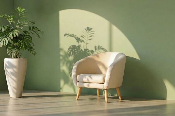 Minimal cozy chair by green wall with plant shadows, calm therapy space at home