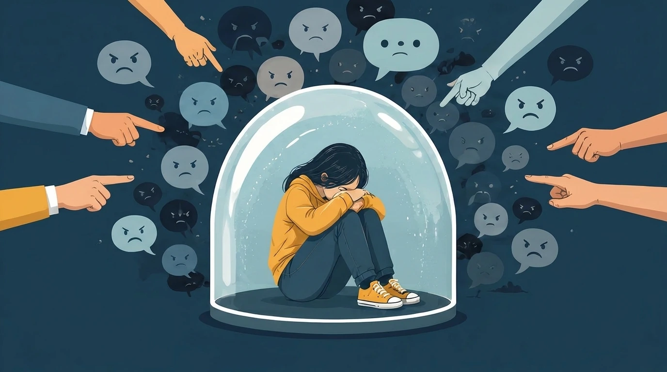 Person curled under a glass dome while hostile faces surround them outside