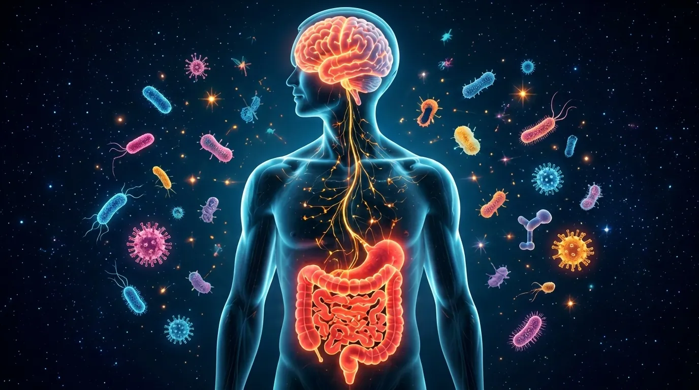 Glowing human body with highlighted brain and gut connected by neural pathways and microbes