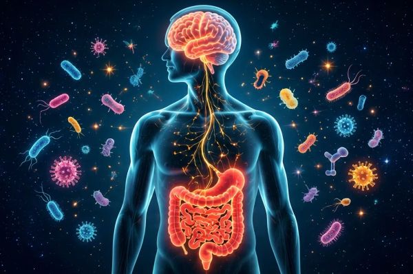 Glowing human body with highlighted brain and gut connected by neural pathways and microbes