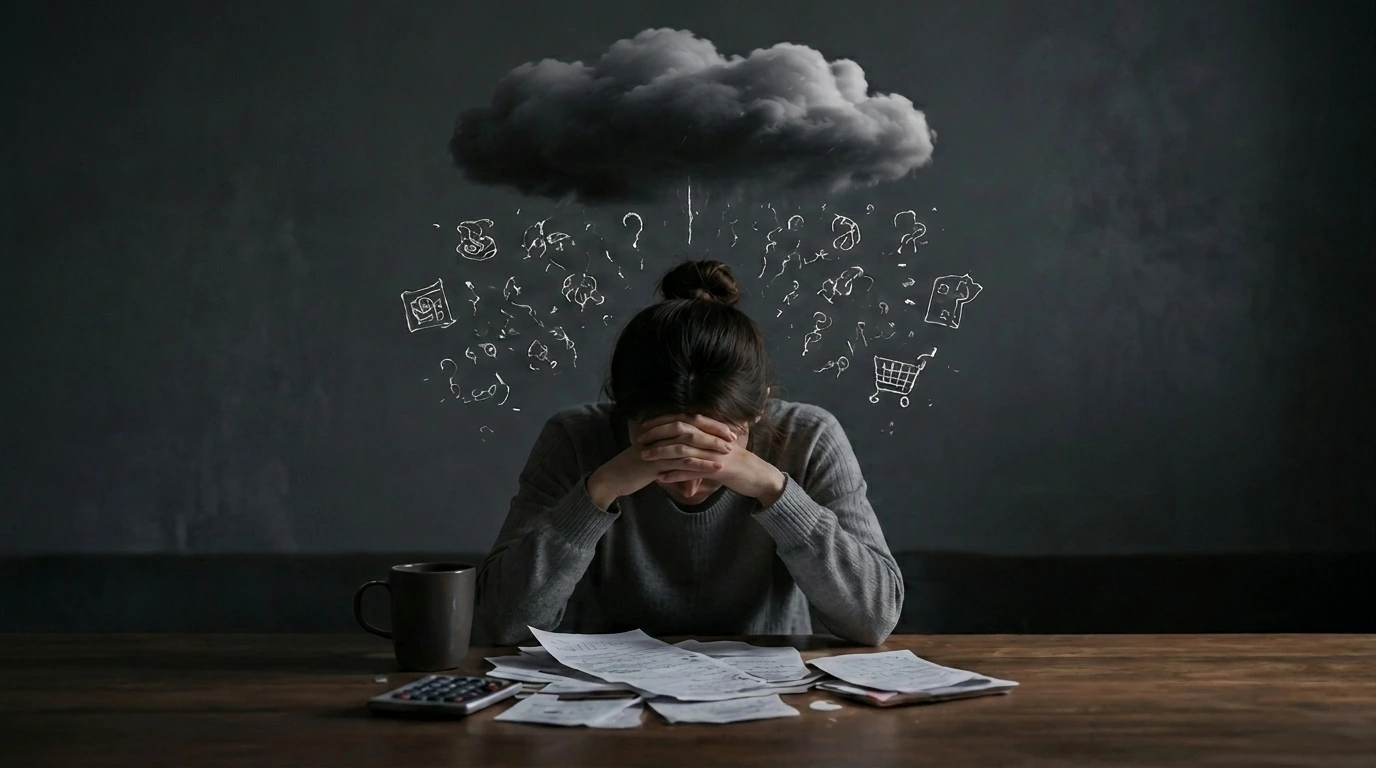 Stressed person at desk with bills, dark cloud overhead symbolizing financial anxiety.