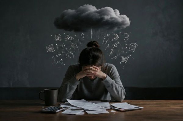 Stressed person at desk with bills, dark cloud overhead symbolizing financial anxiety.