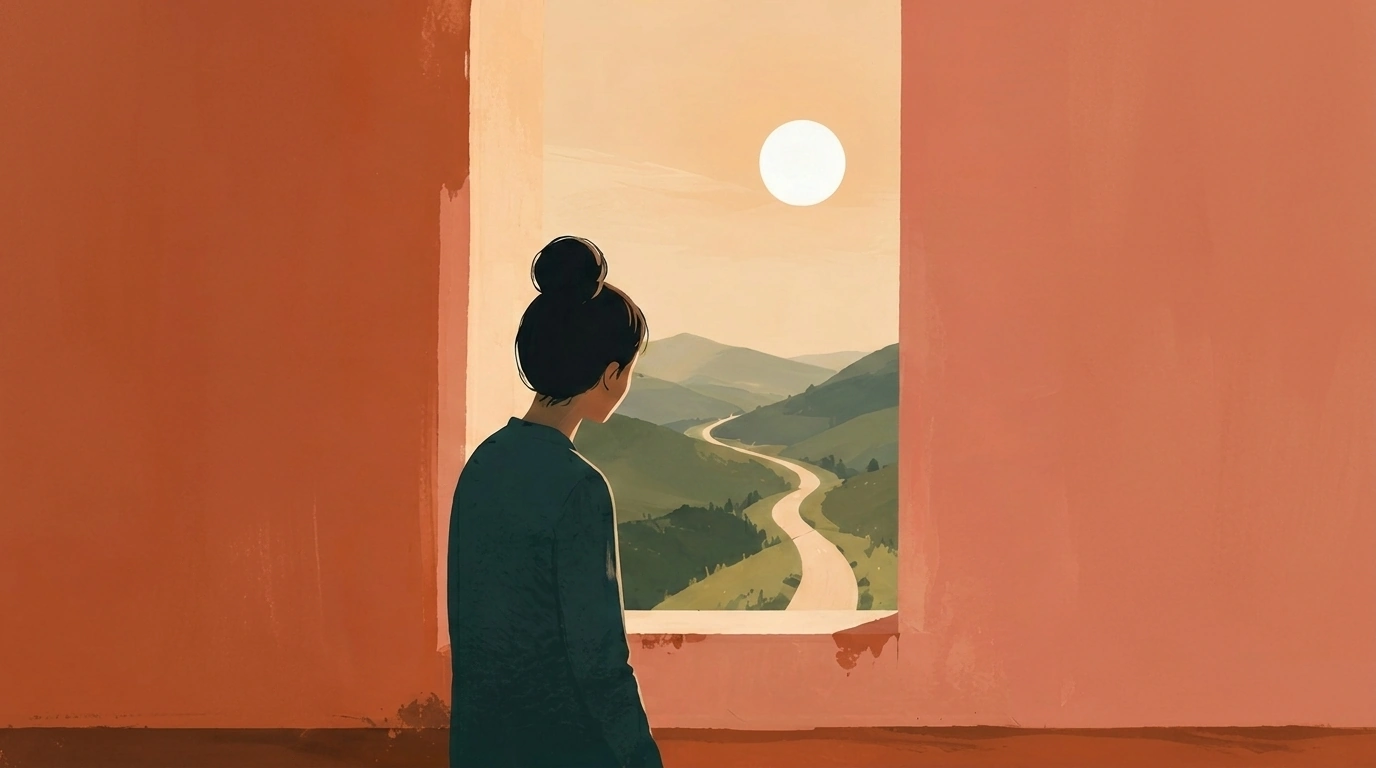 Silhouette gazing through window at sunlit hills and winding path, symbolizing hope ahead