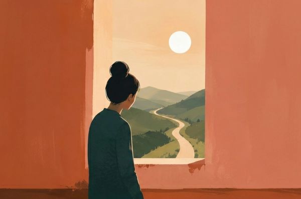 Silhouette gazing through window at sunlit hills and winding path, symbolizing hope ahead