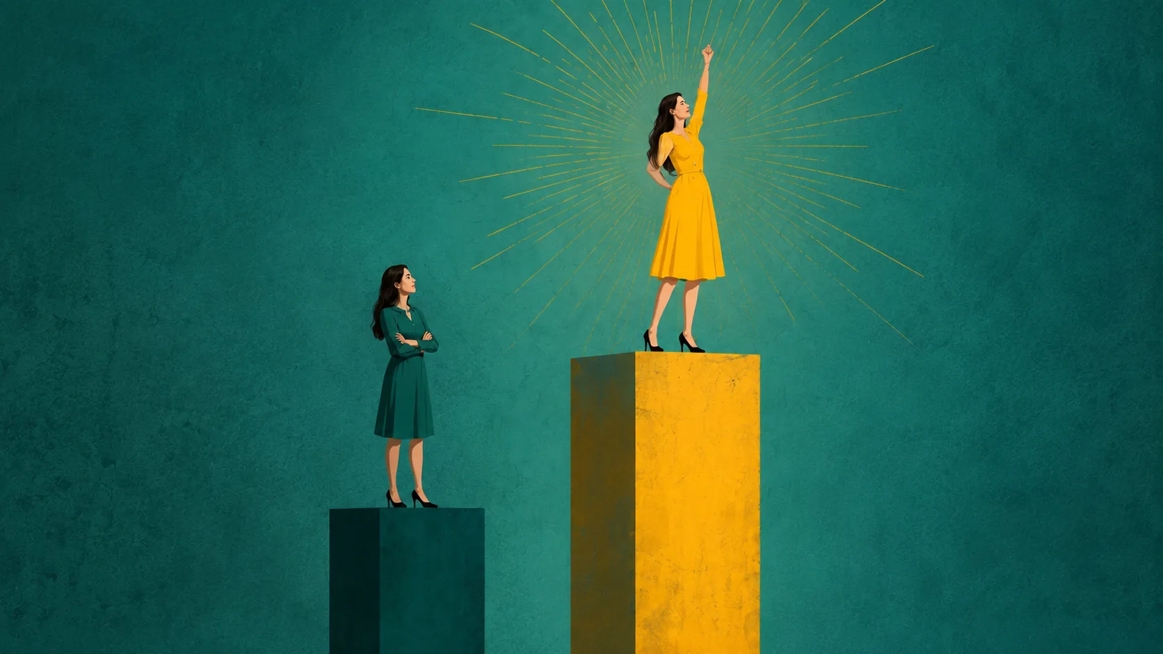 Two women on podiums, one higher and glowing, symbolizing success and comparison