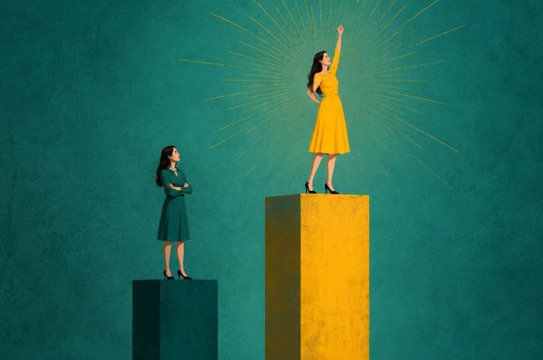 Two women on podiums, one higher and glowing, symbolizing success and comparison