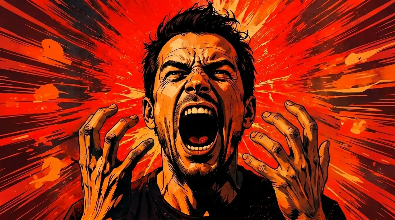 Angry man screaming with explosive red energy burst symbolizing intense emotional outbursts.