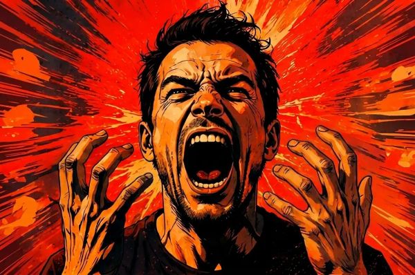 Angry man screaming with explosive red energy burst symbolizing intense emotional outbursts.
