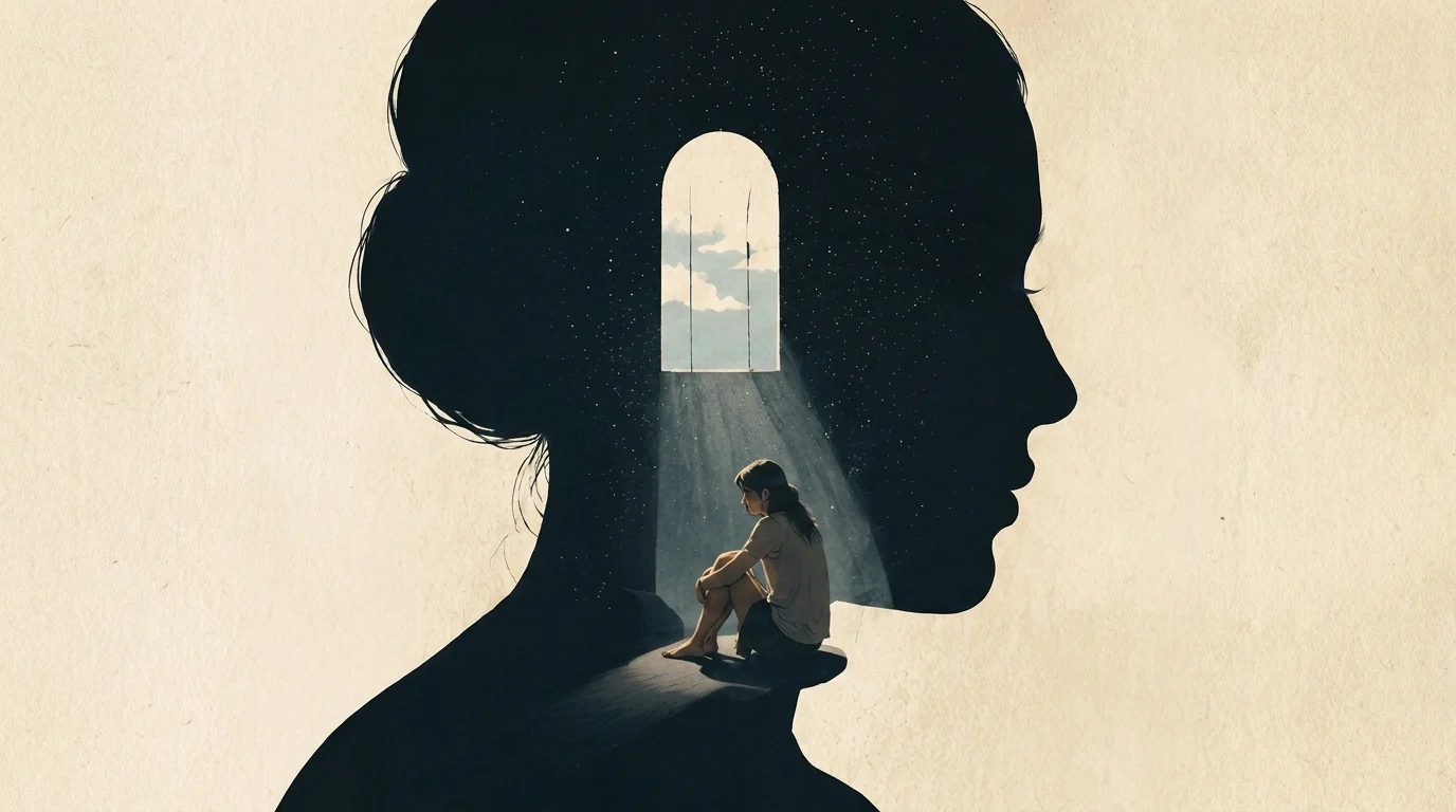 Silhouette of a person seated inside their own mind, illuminated by a window of self-discovery.