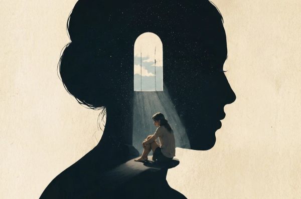 Silhouette of a person seated inside their own mind, illuminated by a window of self-discovery.