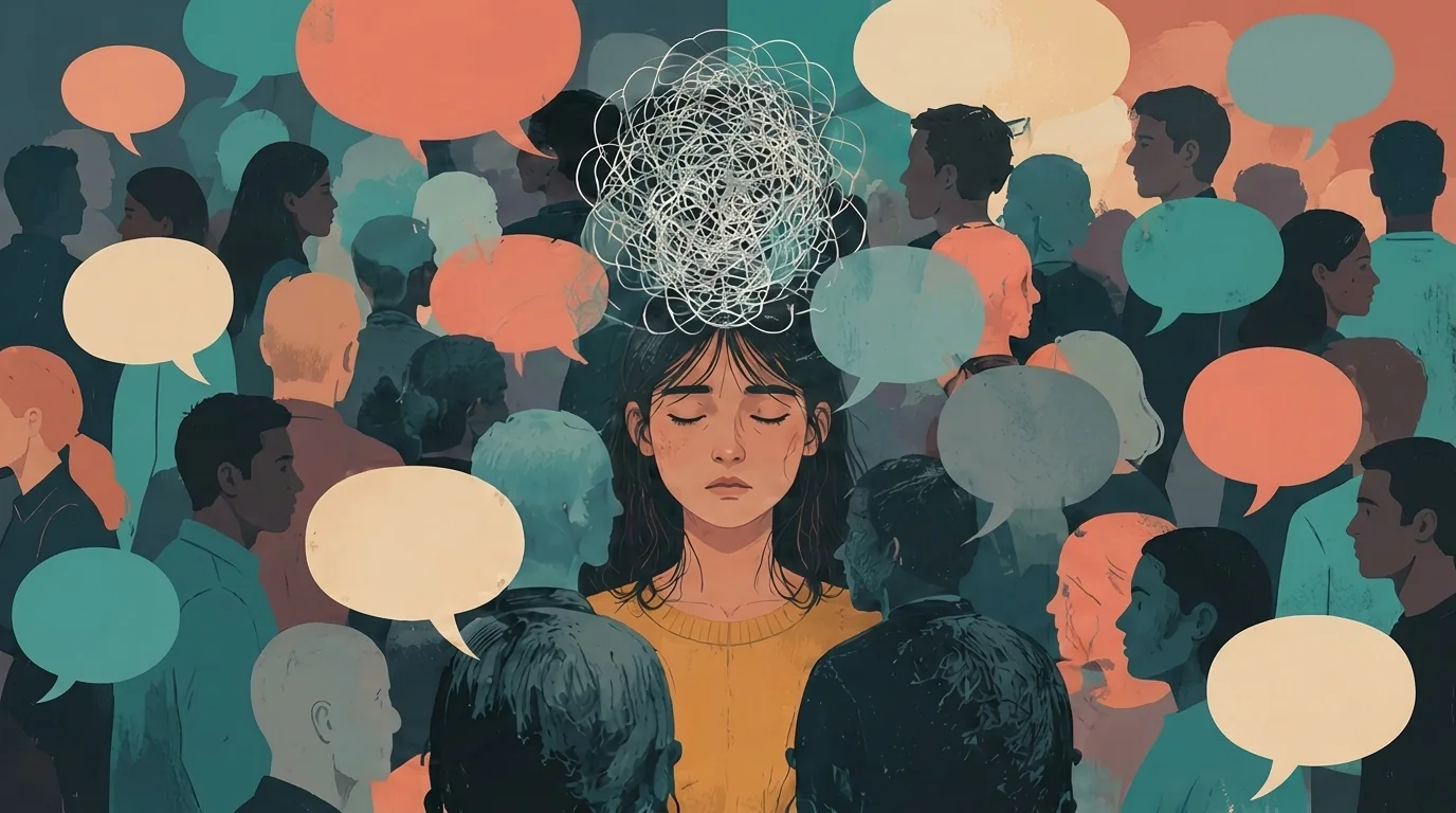 Overwhelmed person surrounded by chatter, with tangled thoughts symbolizing social exhaustion.