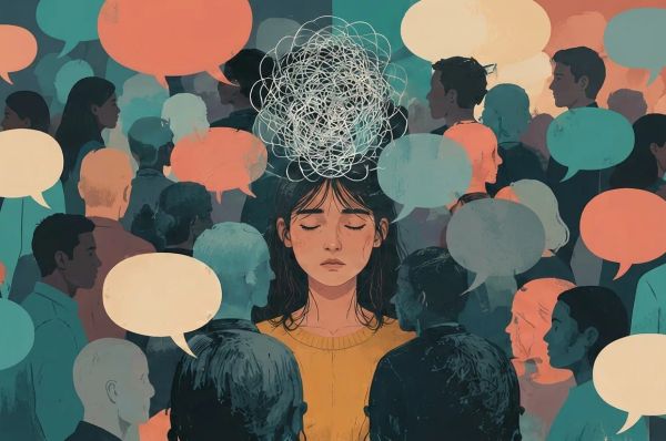 Overwhelmed person surrounded by chatter, with tangled thoughts symbolizing social exhaustion.