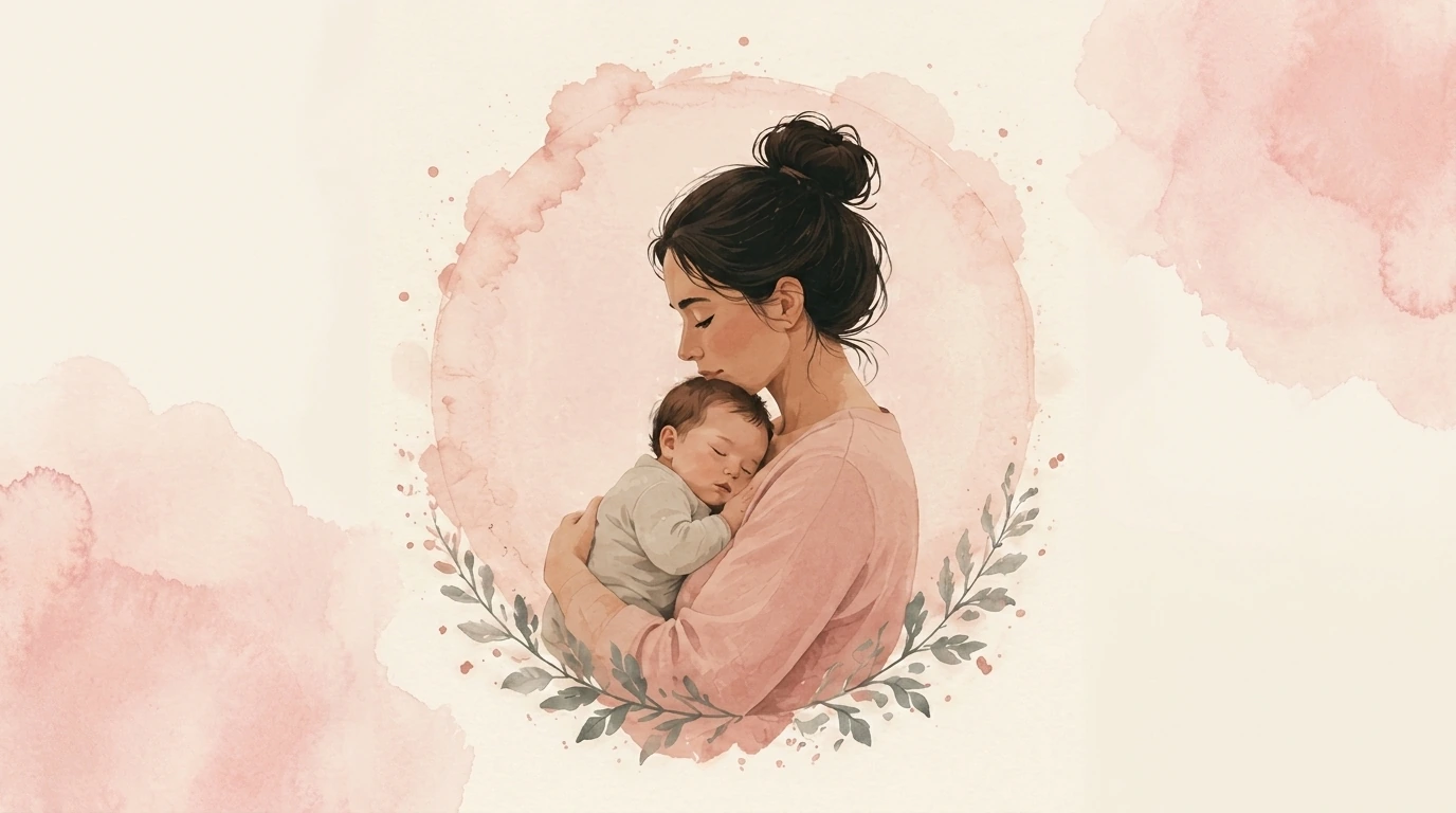 Mother gently cradles sleeping newborn in a soft watercolor portrait of calm and comfort.