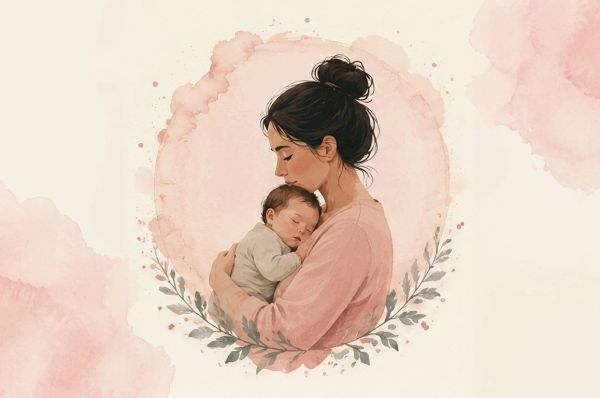 Mother gently cradles sleeping newborn in a soft watercolor portrait of calm and comfort.