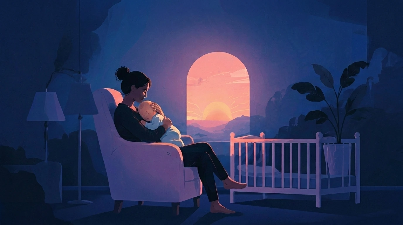 Mother sitting with her baby at sunset, symbolizing hope and recovery after postpartum depression.