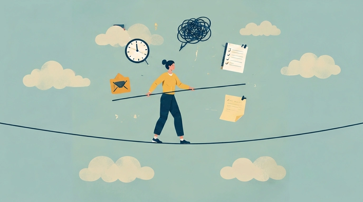 Person balancing tasks on a tightrope, illustrating ADHD challenges and daily focus management.