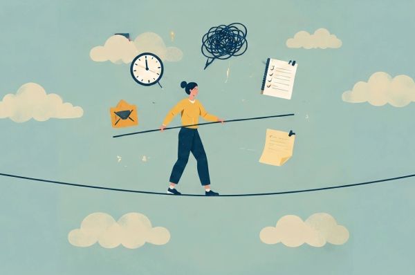 Person balancing tasks on a tightrope, illustrating ADHD challenges and daily focus management.