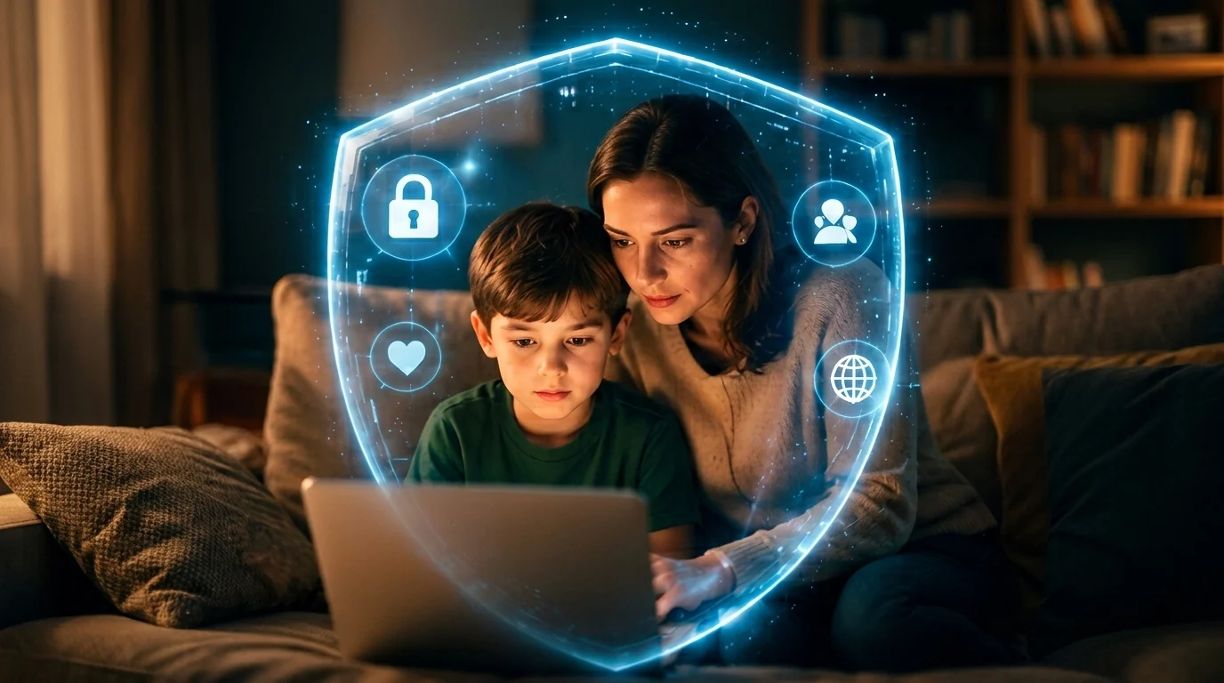 Parent and child using laptop, surrounded by glowing digital shield icons for protection
