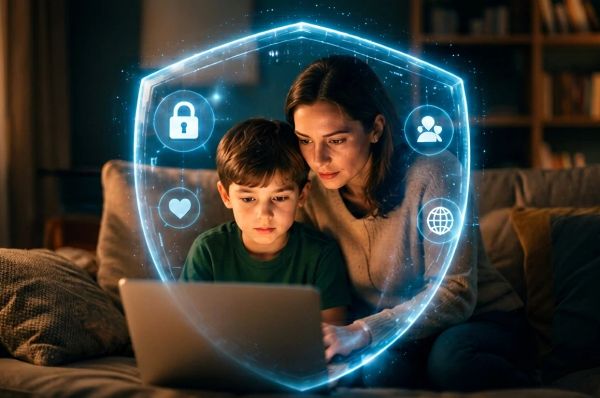 Parent and child using laptop, surrounded by glowing digital shield icons for protection