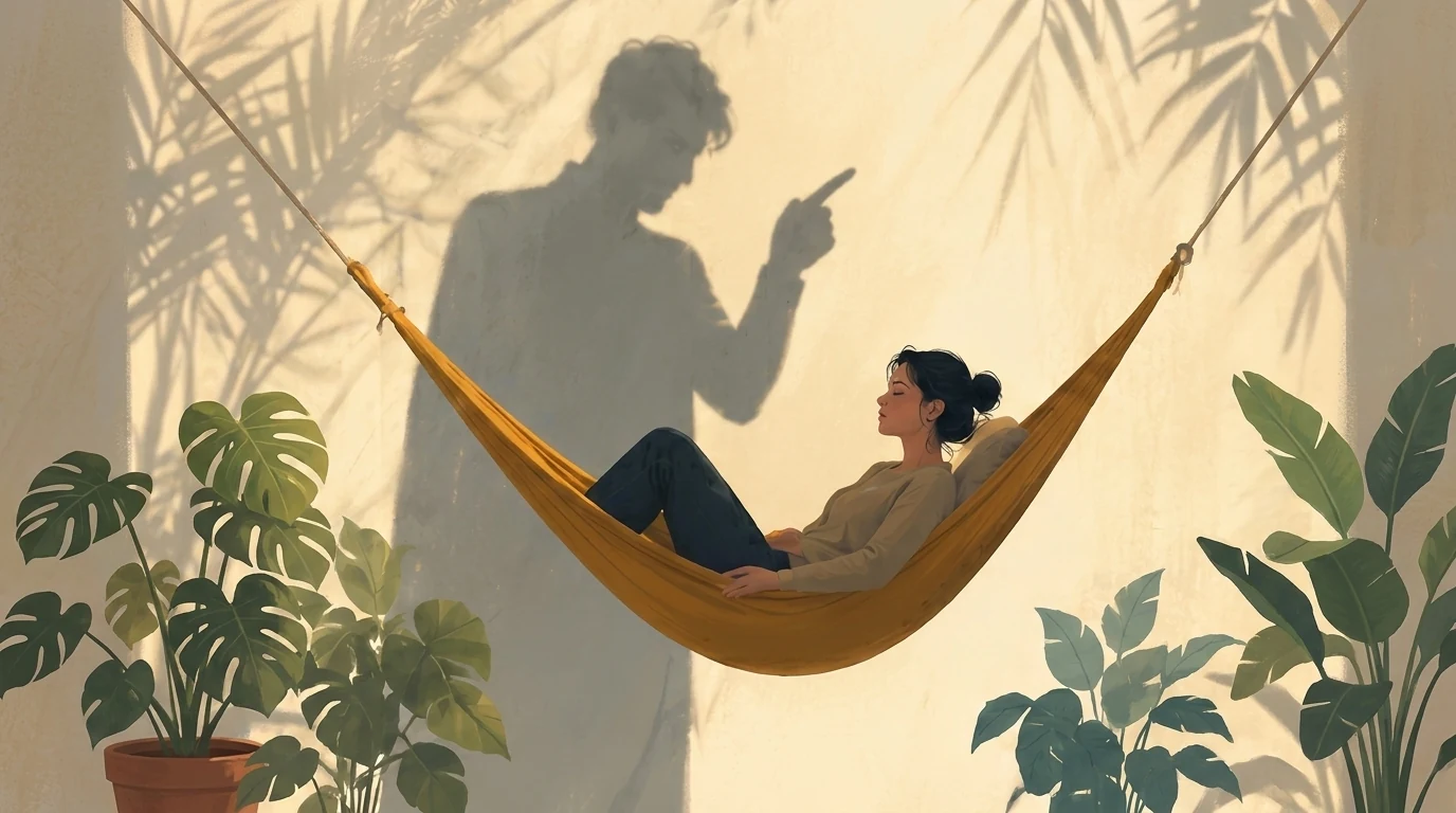 Person resting in a hammock while a looming shadow points at them in disapproval