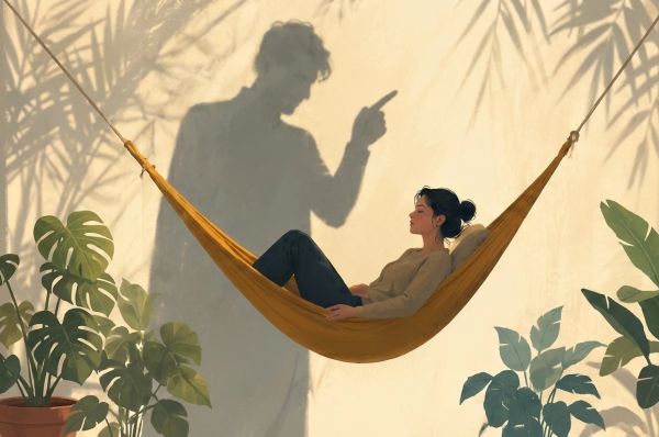 Person resting in a hammock while a looming shadow points at them in disapproval