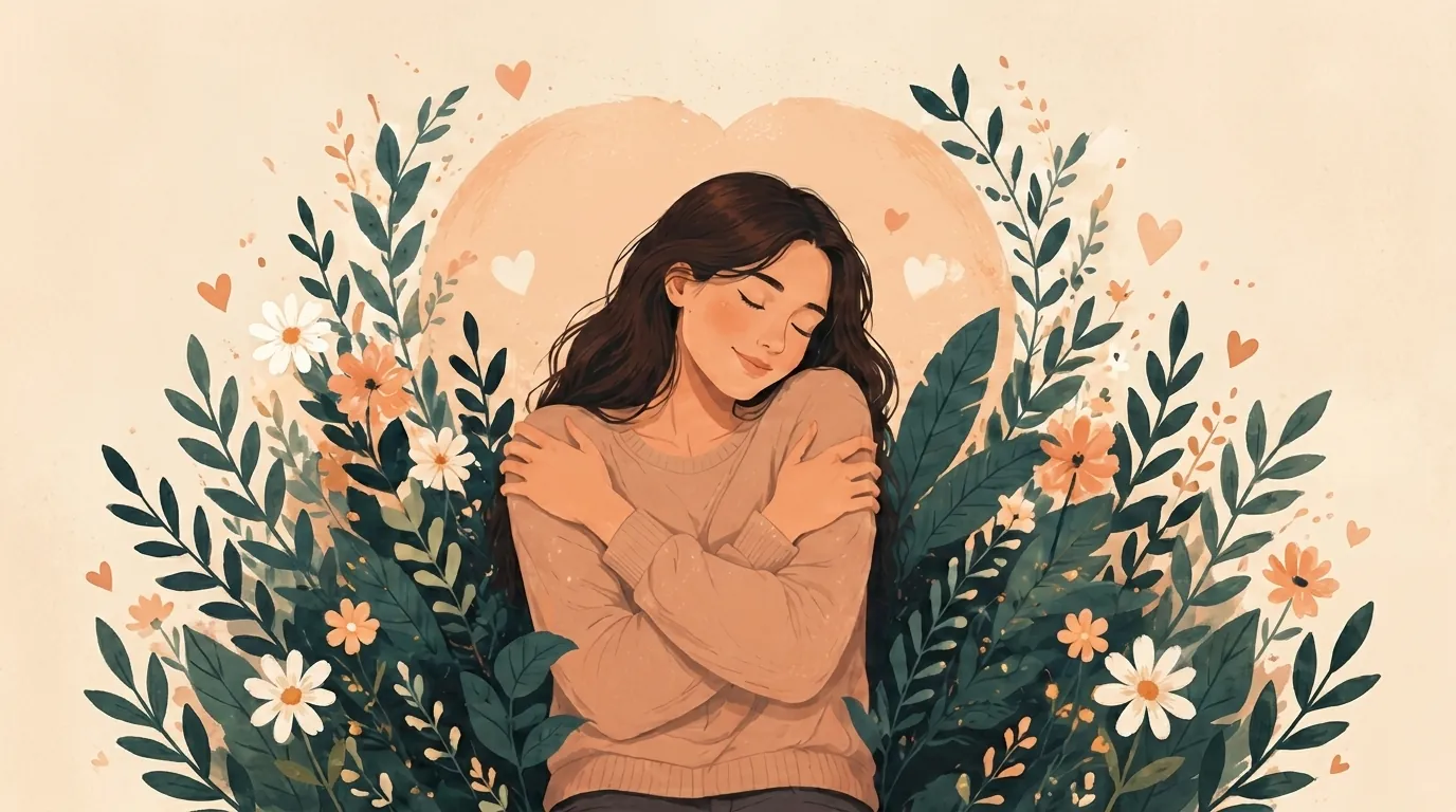 Woman gently hugging herself, surrounded by soft leaves and warm calming tones