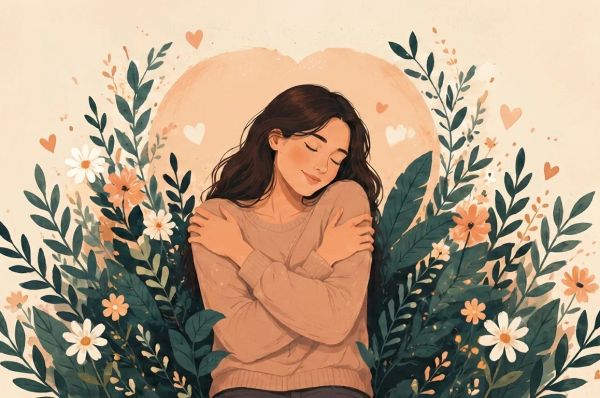 Woman gently hugging herself, surrounded by soft leaves and warm calming tones