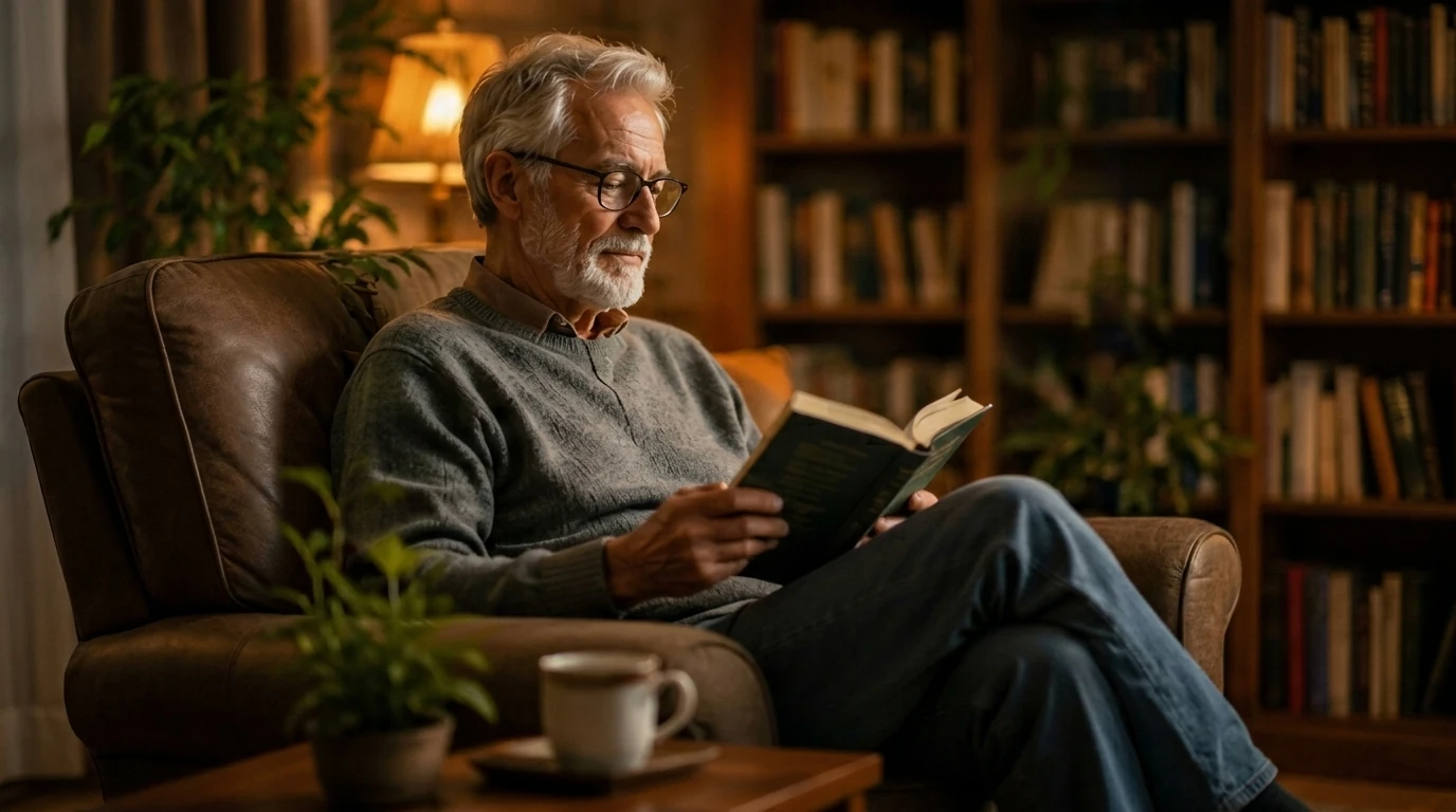 Elderly man reading a book in a cozy, warmly lit living room chair.