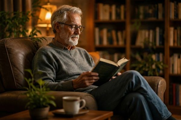 Elderly man reading a book in a cozy, warmly lit living room chair.