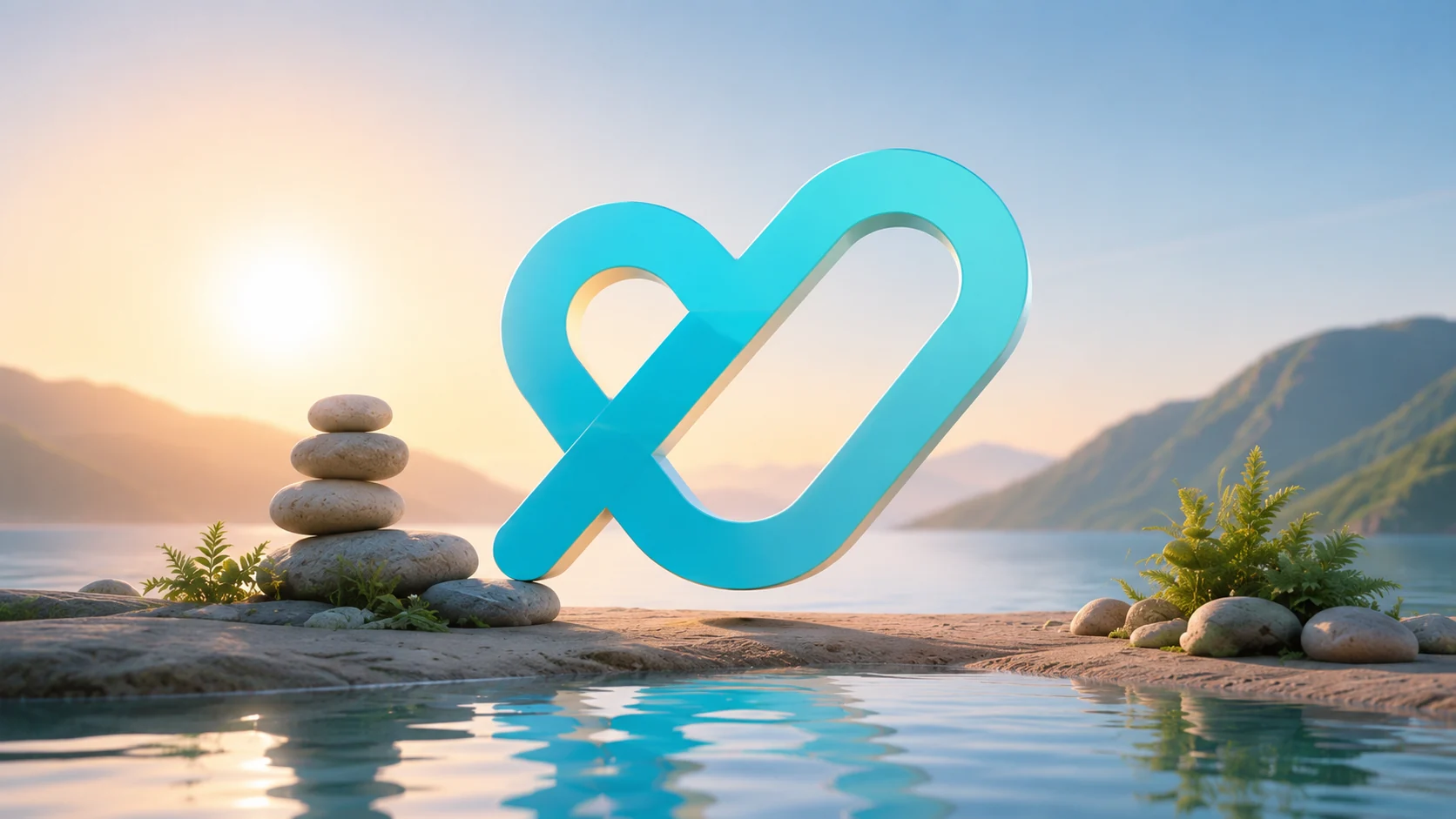 Turquoise heart logo over calm lake at sunrise, with stones and soft reflections.