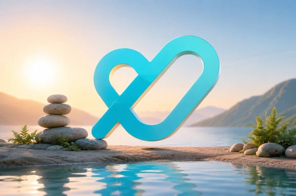 Turquoise heart logo over calm lake at sunrise, with stones and soft reflections.