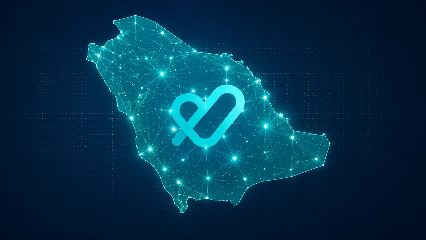 Glowing digital Saudi map with network nodes and Tatmeen logo center