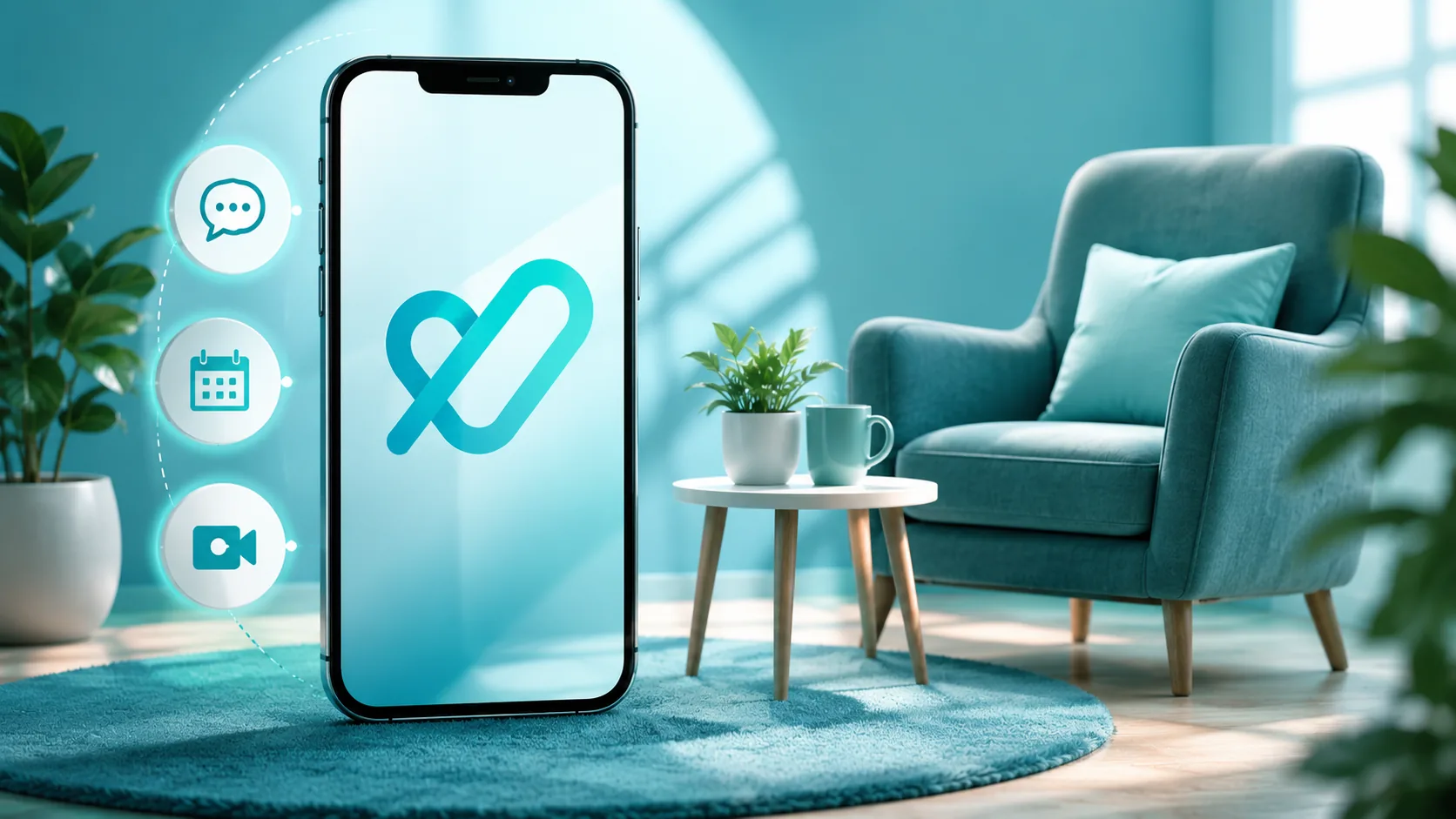 Smartphone therapy app in a calm living room with chat, calendar, and video icons