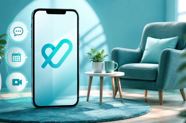 Smartphone therapy app in a calm living room with chat, calendar, and video icons