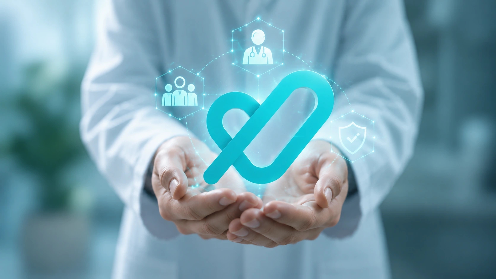 Doctor holding glowing Tatmeen logo with digital care and security icons