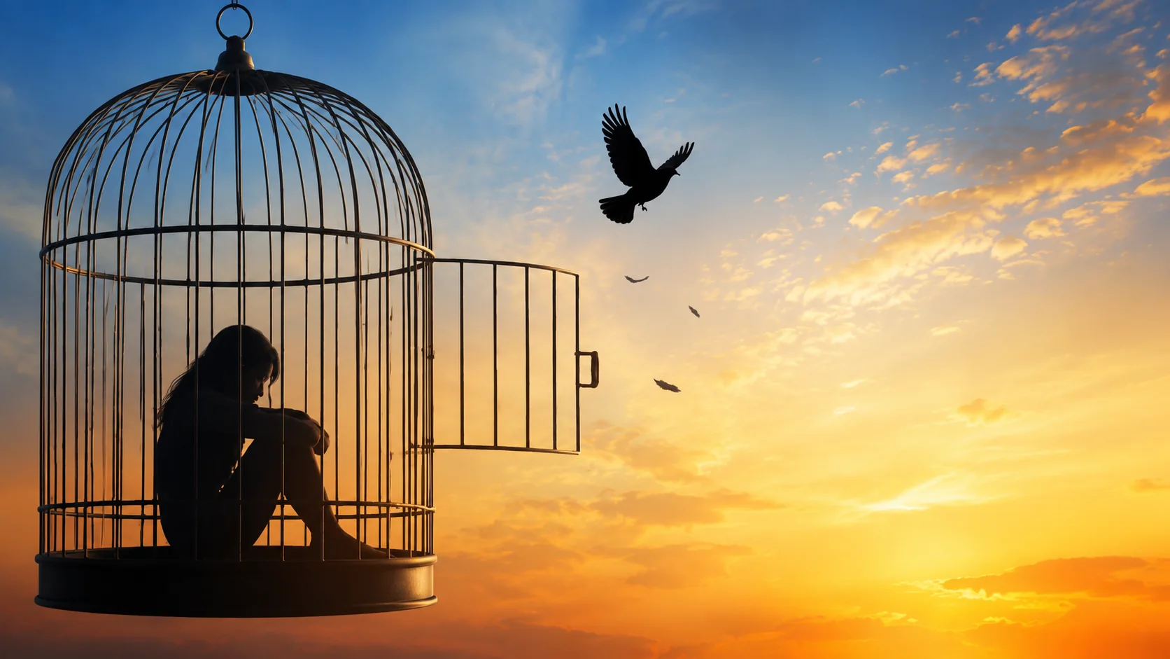 Silhouette in open cage at sunset, bird flying free, symbolizing escape and healing