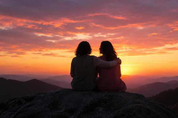 Two people sitting together on a rock, watching a warm sunset over distant mountains