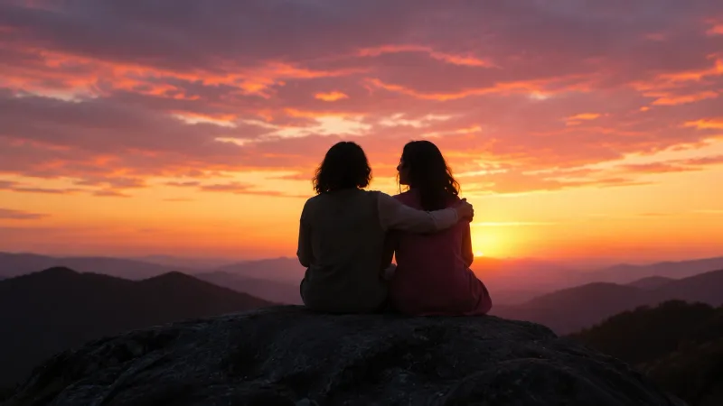 Two people sitting together on a rock, watching a warm sunset over distant mountains