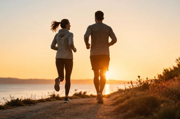 a couple jogging together at sunset along a coastal path.