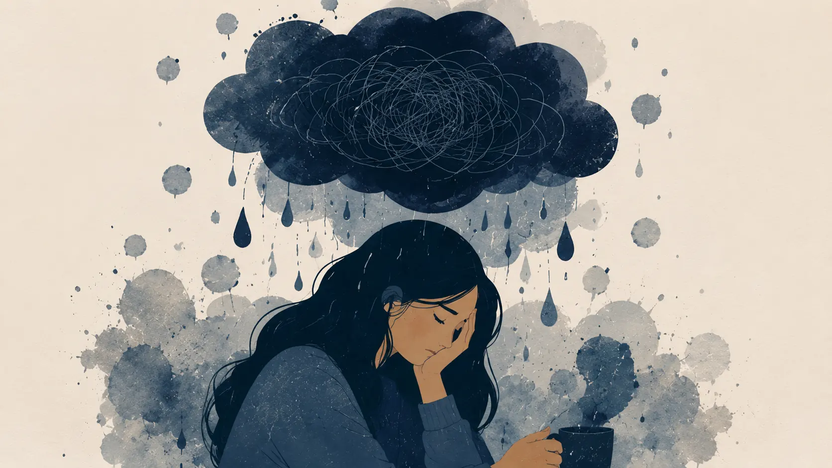 Person under dark cloud of tangled thoughts, holding a cup, feeling overwhelmed and sad