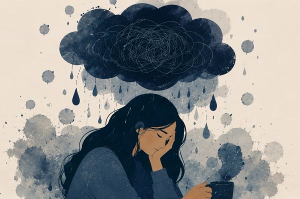 Person under dark cloud of tangled thoughts, holding a cup, feeling overwhelmed and sad