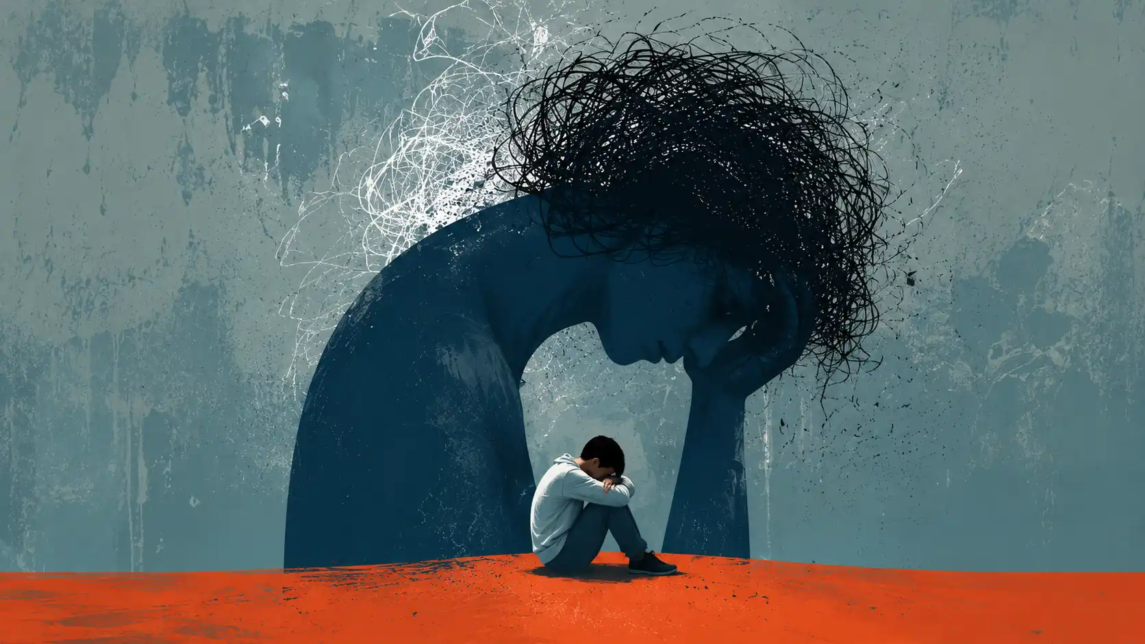Curled figure under looming shadow self with tangled thoughts, symbolizing anxiety