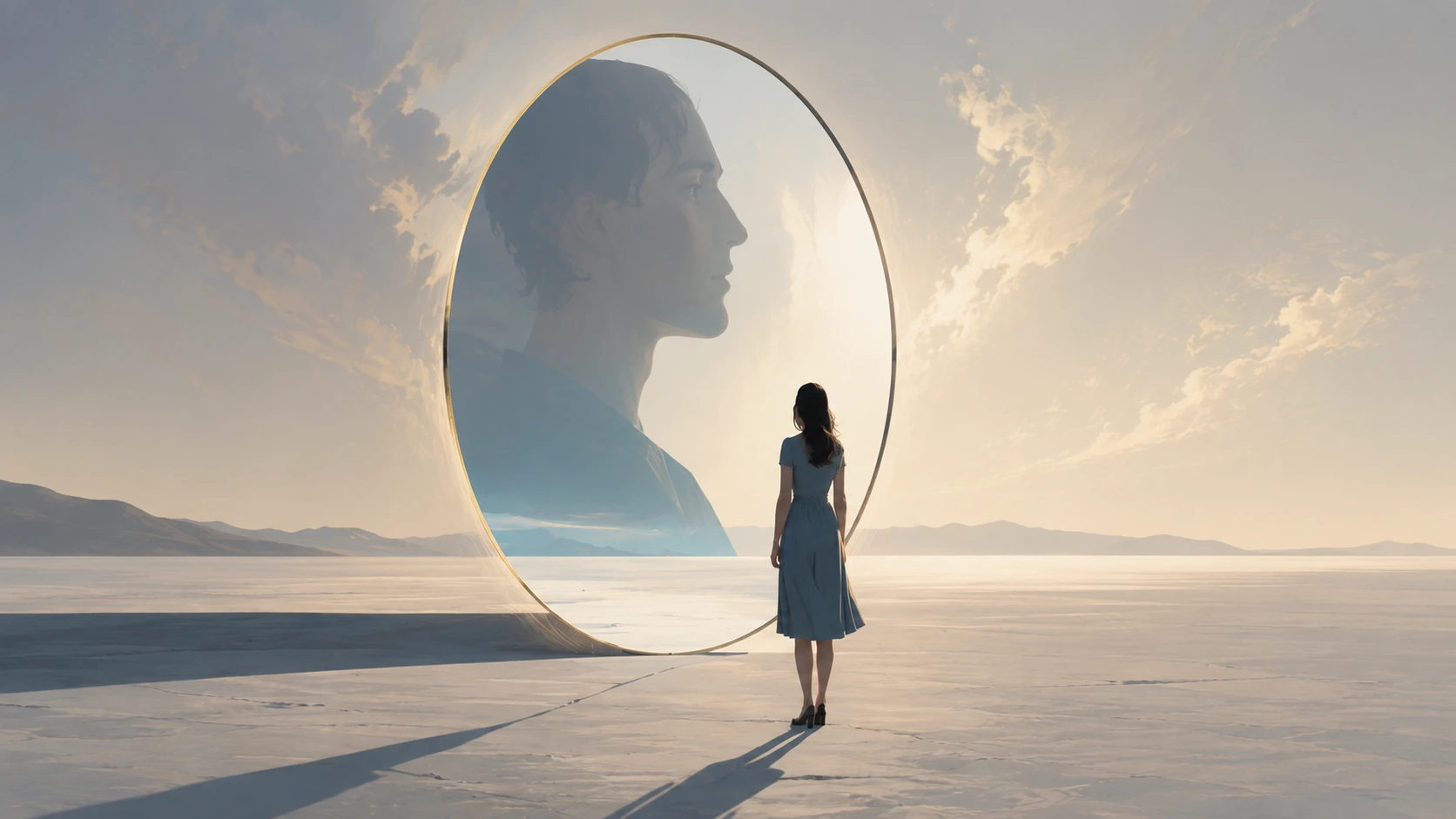 Woman faces a glowing portal with a man’s silhouette in a vast, calm landscape