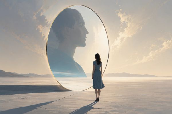 Woman faces a glowing portal with a man’s silhouette in a vast, calm landscape