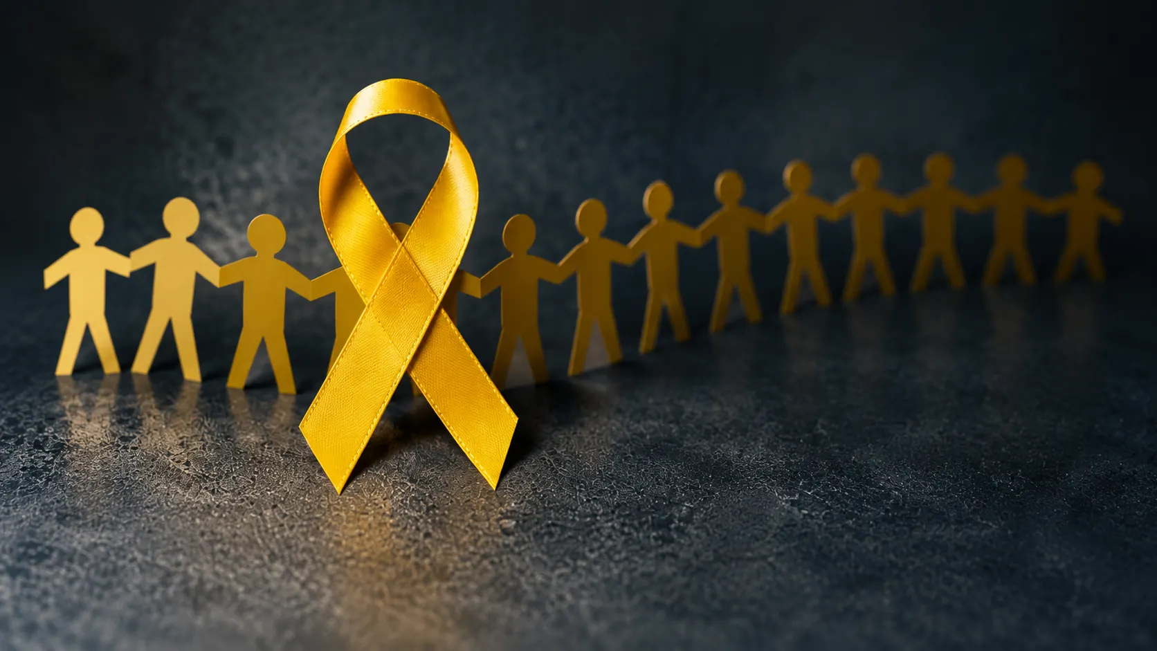 Golden awareness ribbon with linked paper figures symbolizing unity and support