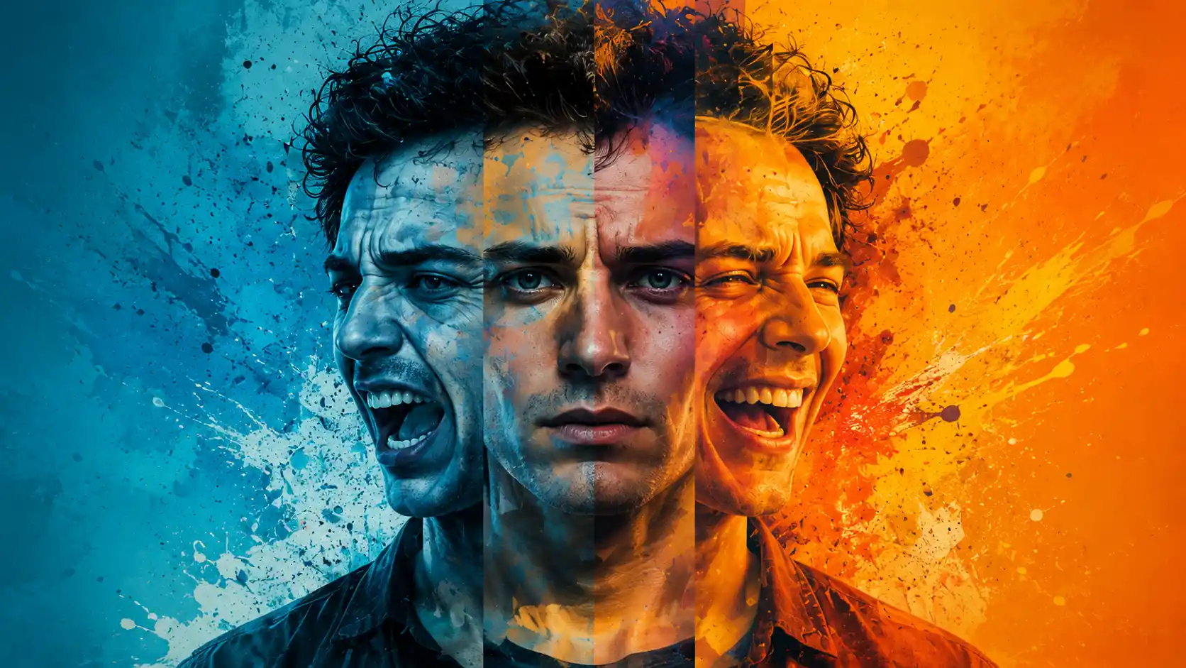 Man showing three emotional states—anger, calm, and joy—in split vibrant colors
