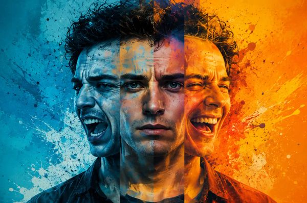 Man showing three emotional states—anger, calm, and joy—in split vibrant colors