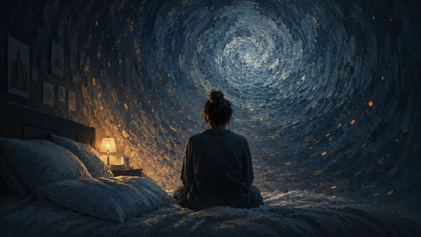 Person on bed facing a swirling night sky of thoughts, lit by a small warm bedside lamp