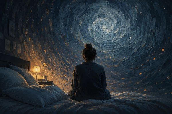 Person on bed facing a swirling night sky of thoughts, lit by a small warm bedside lamp