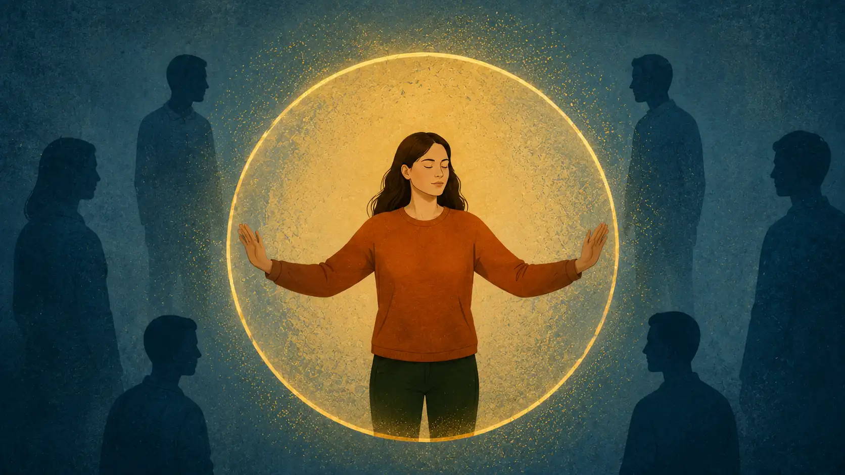 Woman inside glowing golden barrier, keeping distance from surrounding shadowy figures